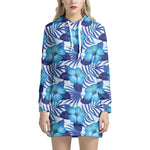 Blue Hibiscus Tropical Pattern Print Hoodie Dress