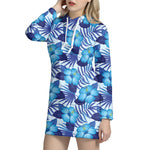Blue Hibiscus Tropical Pattern Print Hoodie Dress