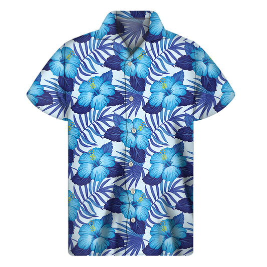 Blue Hibiscus Tropical Pattern Print Men's Short Sleeve Shirt