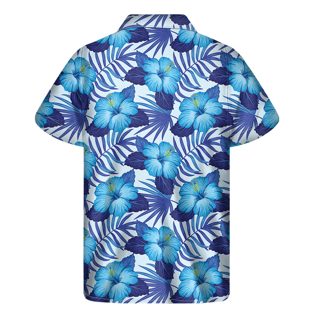 Blue Hibiscus Tropical Pattern Print Men's Short Sleeve Shirt