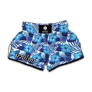 Blue Hibiscus Tropical Pattern Print Muay Thai Boxing Shorts