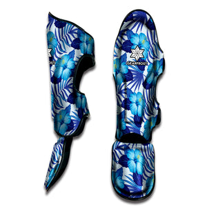 Blue Hibiscus Tropical Pattern Print Muay Thai Shin Guard