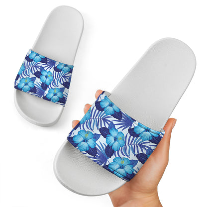 Blue Hibiscus Tropical Pattern Print White Slide Sandals