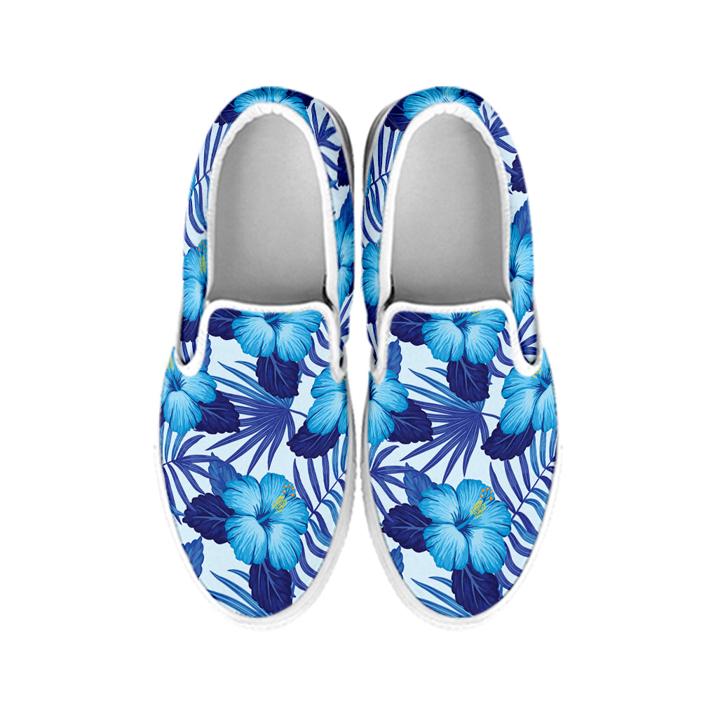 Blue Hibiscus Tropical Pattern Print White Slip On Shoes