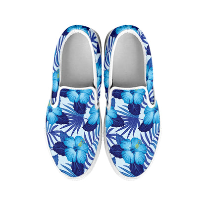 Blue Hibiscus Tropical Pattern Print White Slip On Shoes