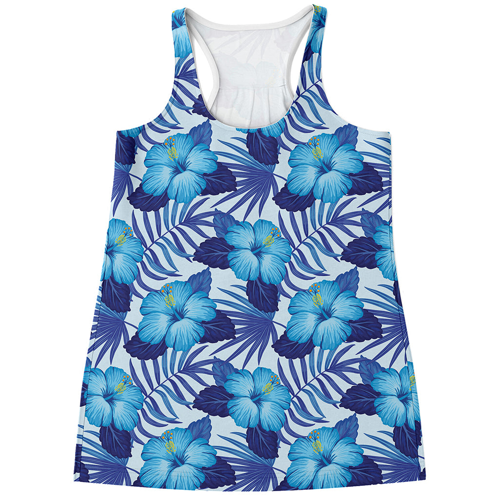 Blue Hibiscus Tropical Pattern Print Women's Racerback Tank Top