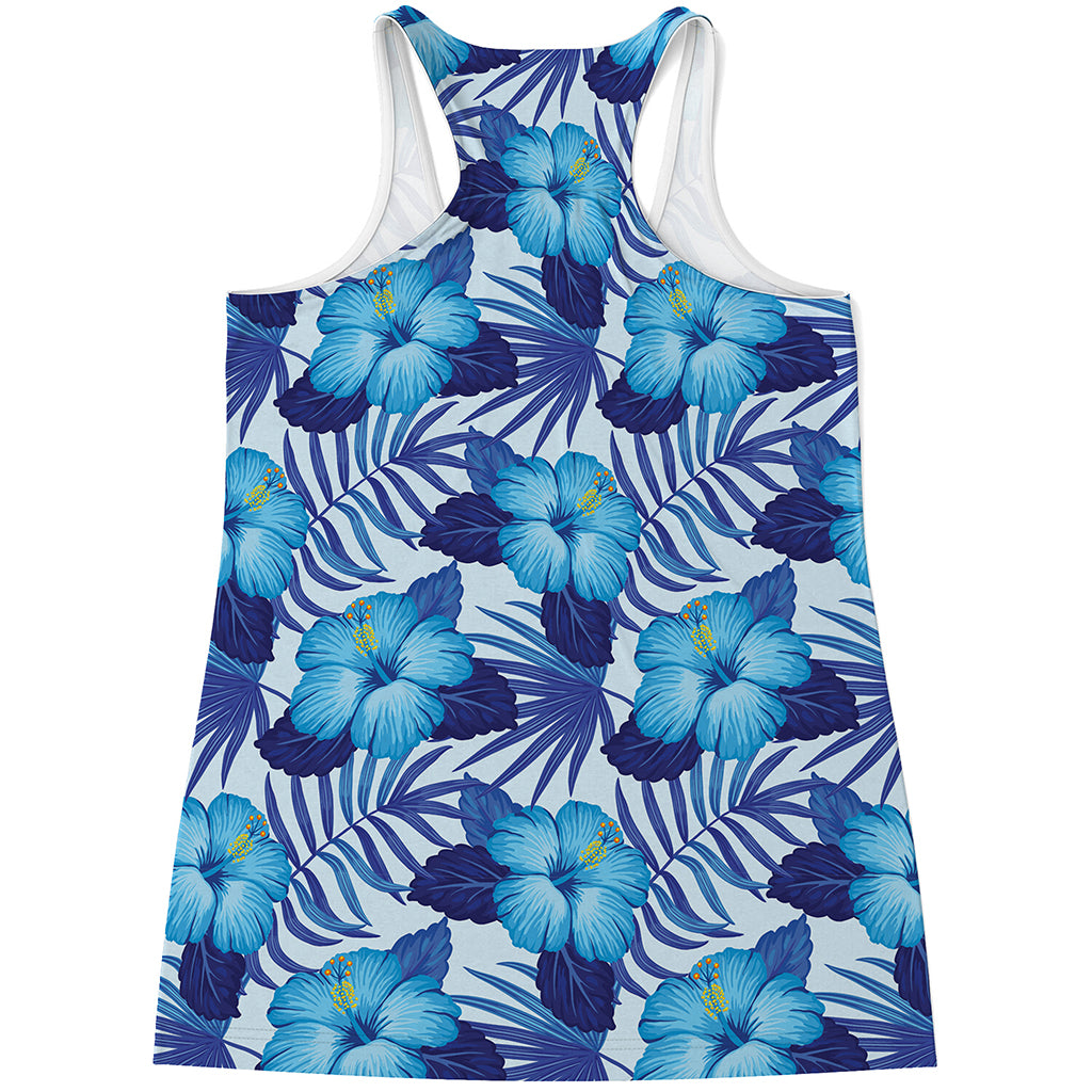 Blue Hibiscus Tropical Pattern Print Women's Racerback Tank Top