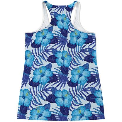 Blue Hibiscus Tropical Pattern Print Women's Racerback Tank Top