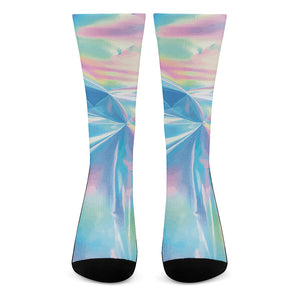 Blue Holographic Print Crew Socks