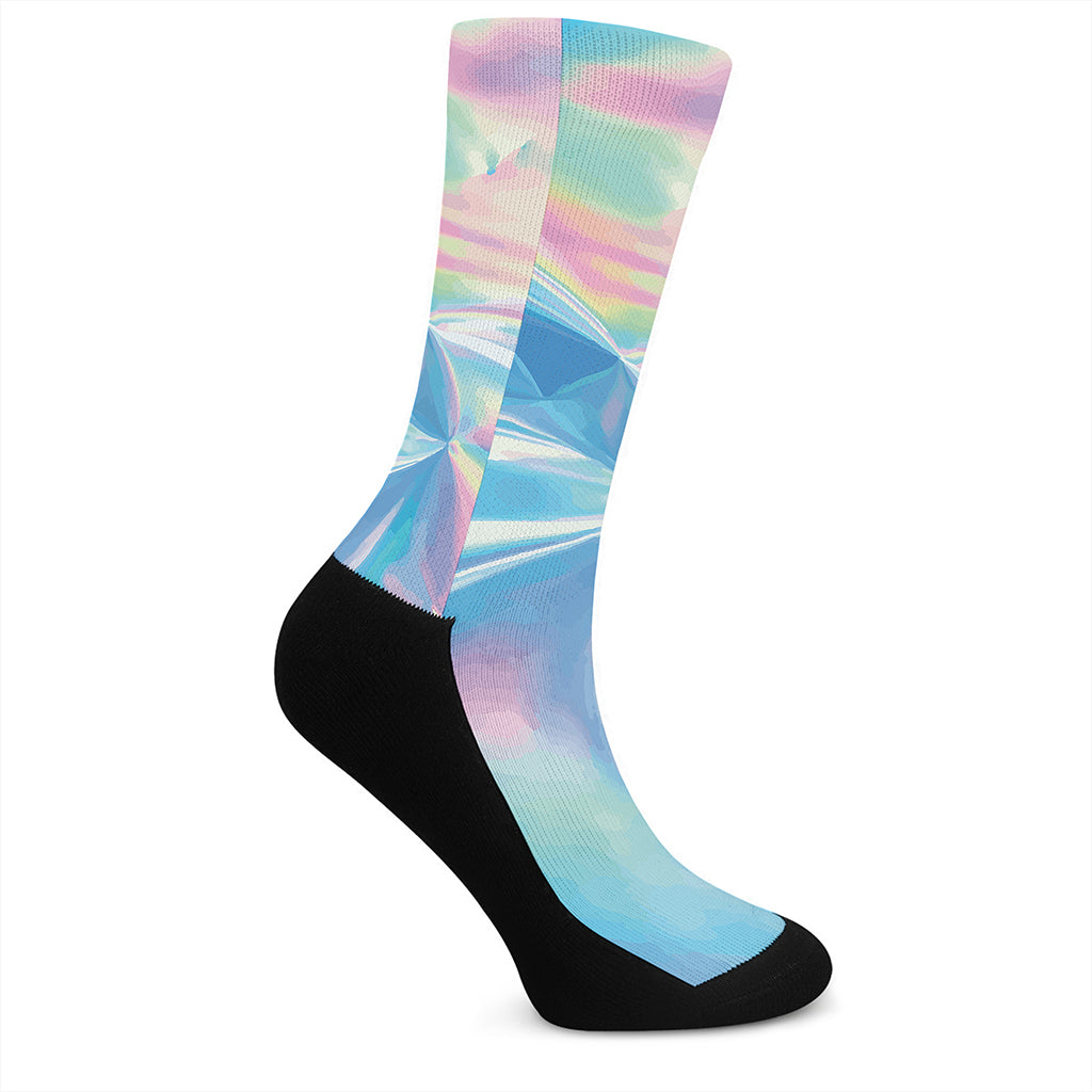 Blue Holographic Print Crew Socks