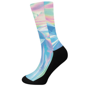 Blue Holographic Print Crew Socks