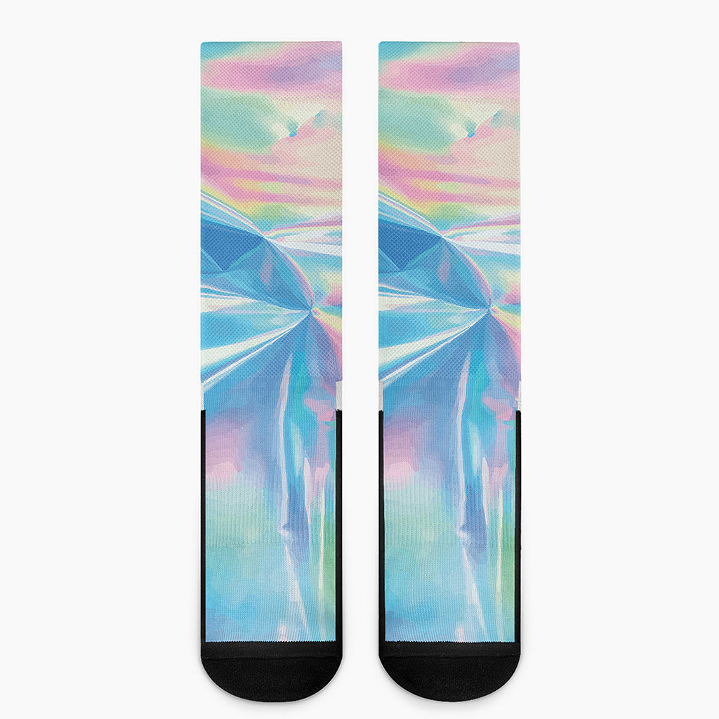 Blue Holographic Print Crew Socks