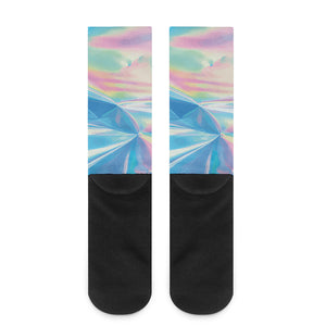 Blue Holographic Print Crew Socks