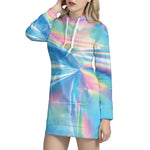 Blue Holographic Print Hoodie Dress