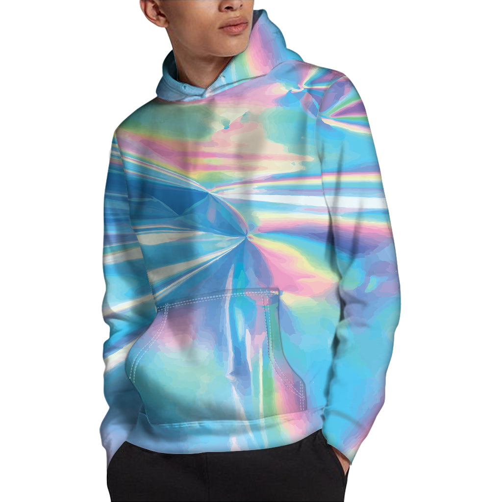 Blue Holographic Print Pullover Hoodie