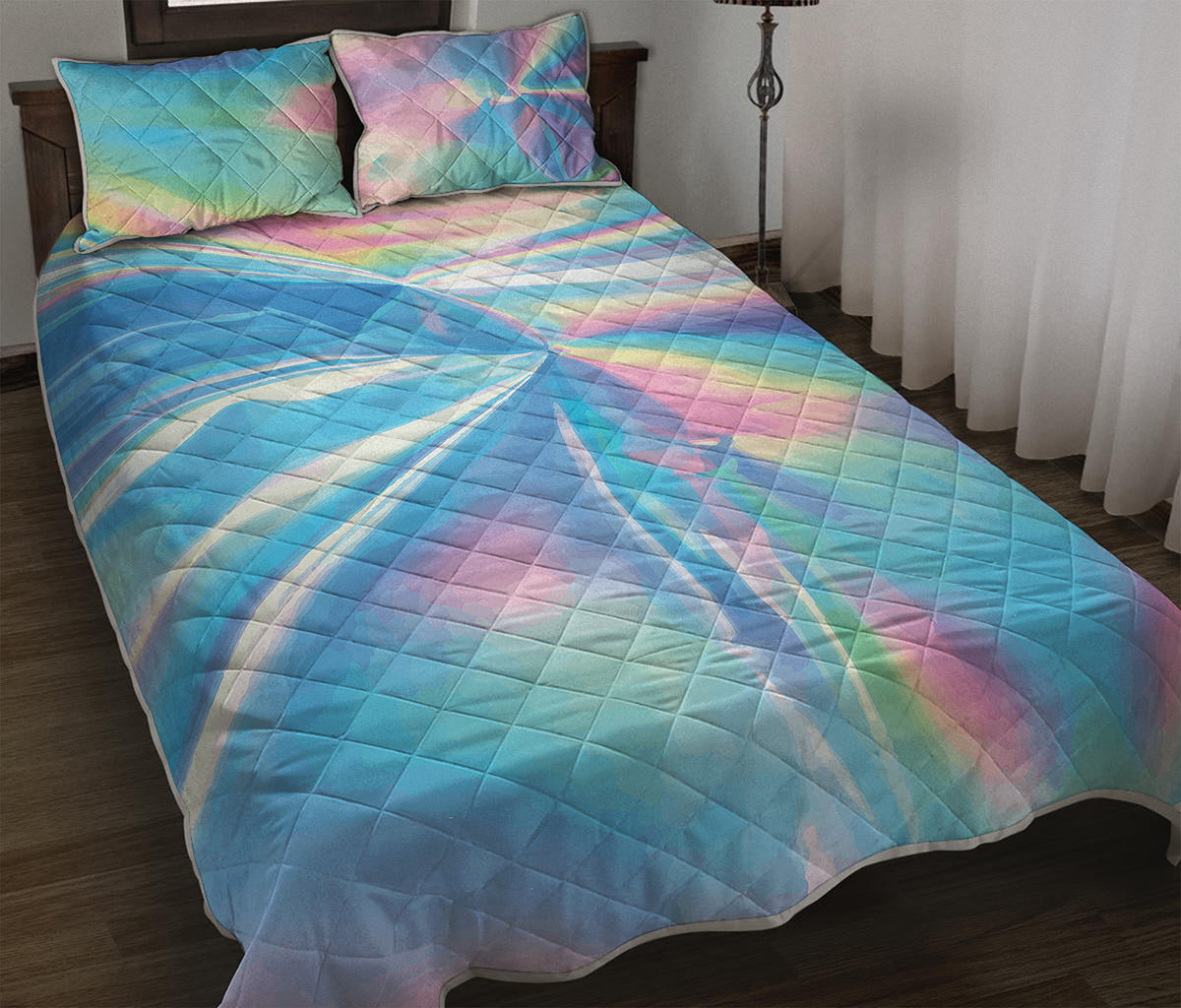 Blue Holographic Print Quilt Bed Set