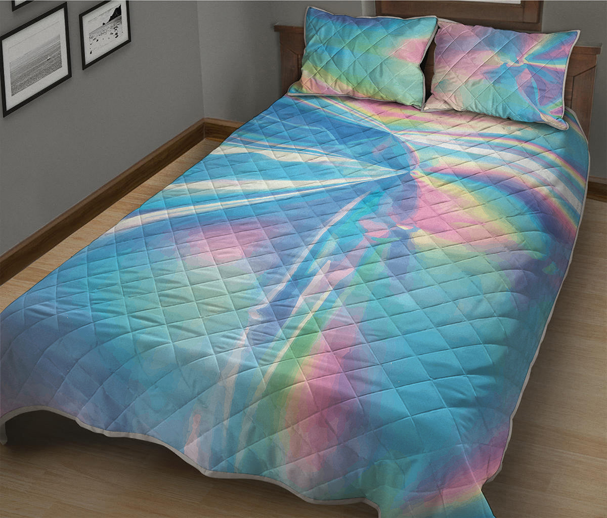 Blue Holographic Print Quilt Bed Set