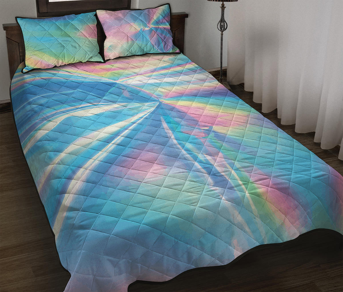 Blue Holographic Print Quilt Bed Set