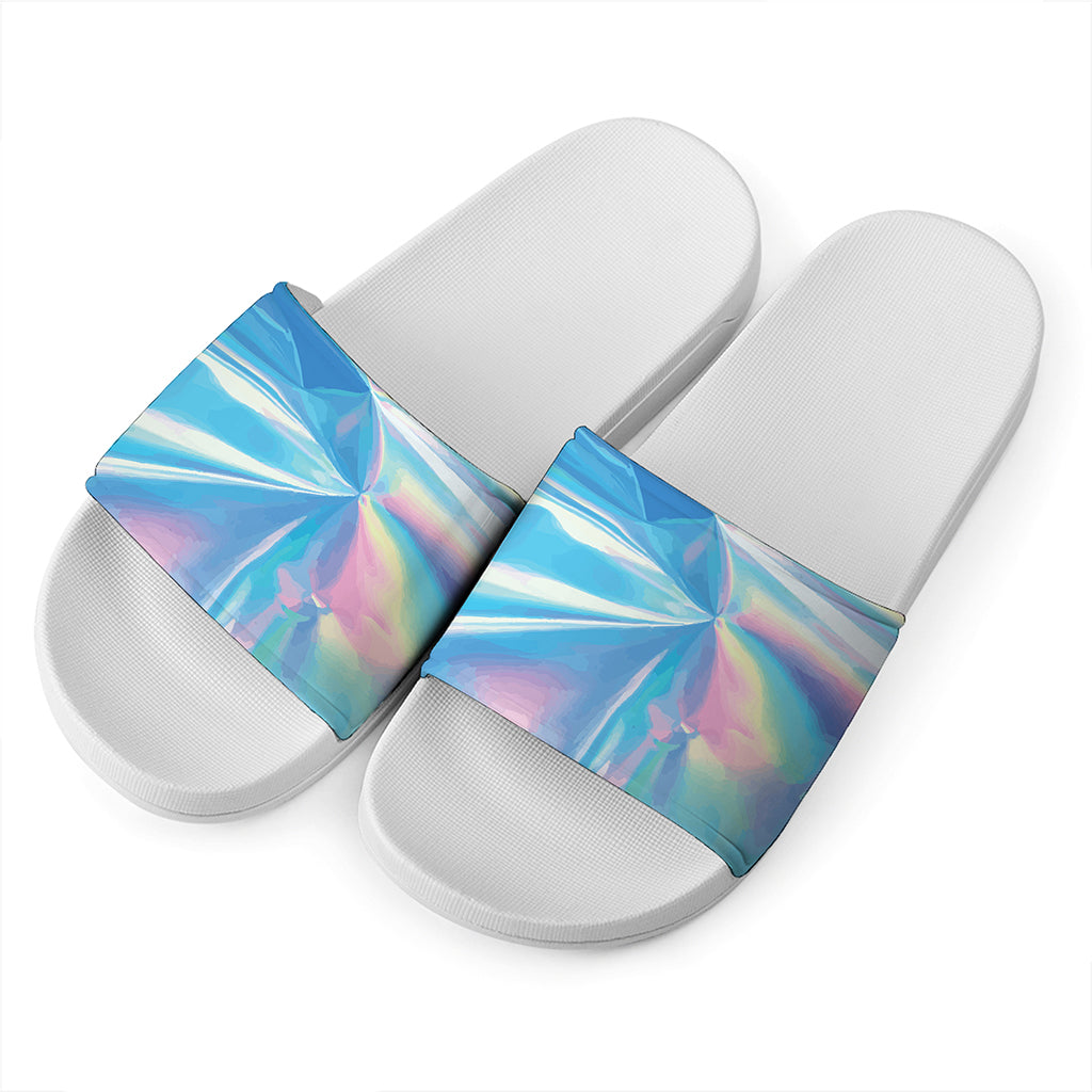 Blue Holographic Print White Slide Sandals