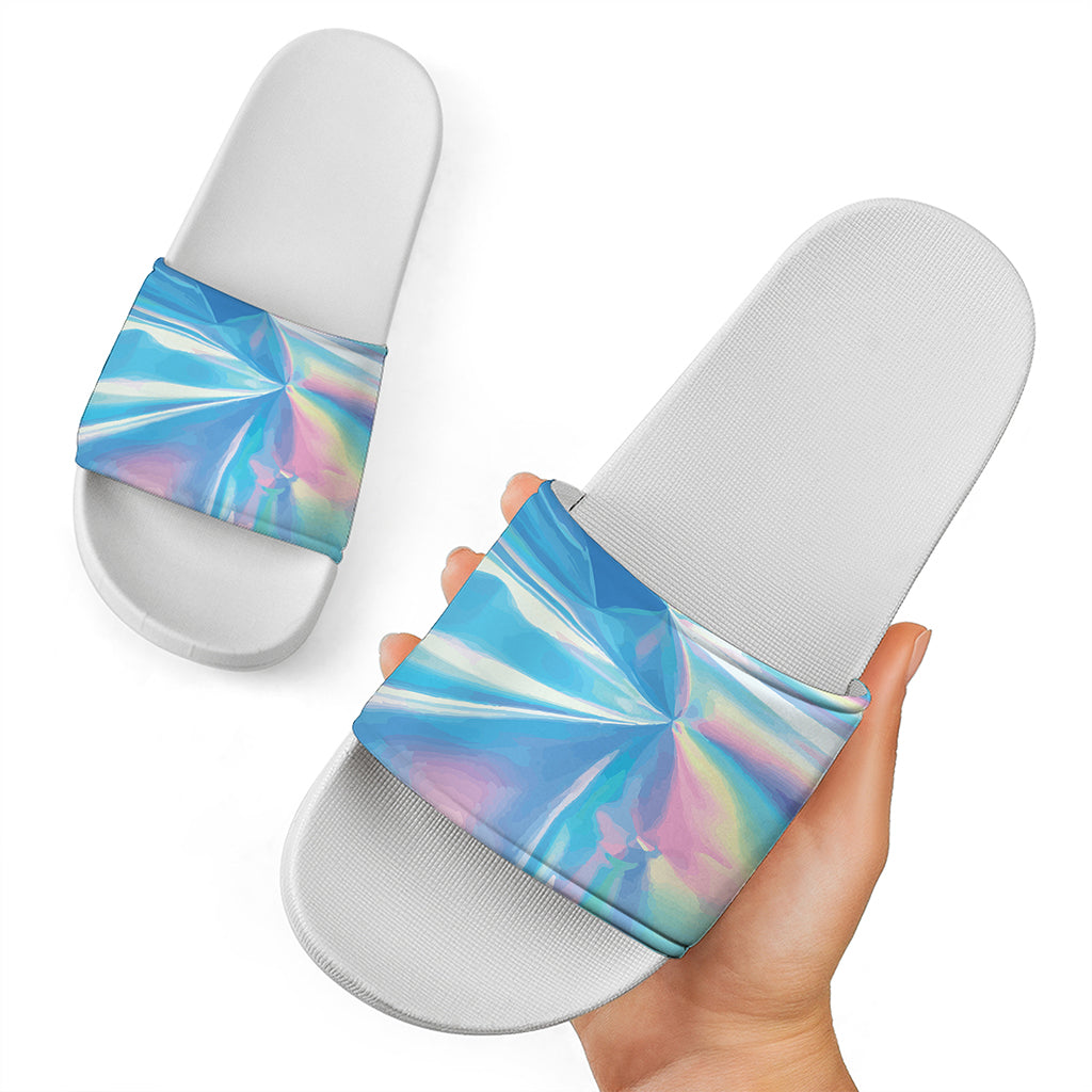Blue Holographic Print White Slide Sandals