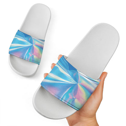 Blue Holographic Print White Slide Sandals