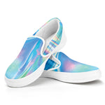 Blue Holographic Print White Slip On Shoes