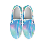 Blue Holographic Print White Slip On Shoes