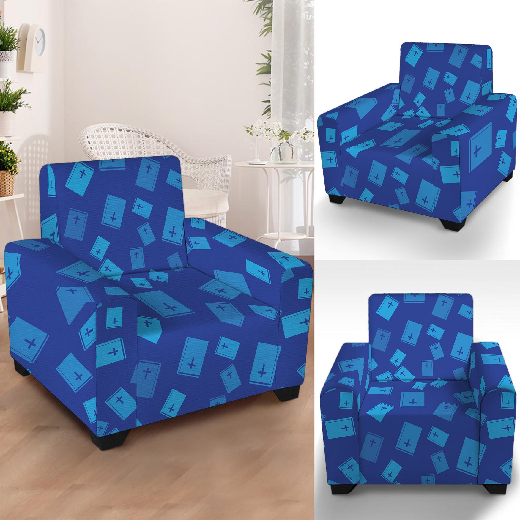 Blue Holy Bible Pattern Print Armchair Slipcover