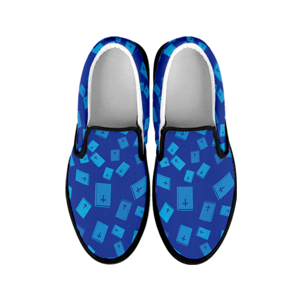Blue Holy Bible Pattern Print Black Slip On Shoes