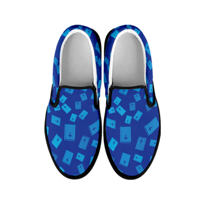 Blue Holy Bible Pattern Print Black Slip On Shoes