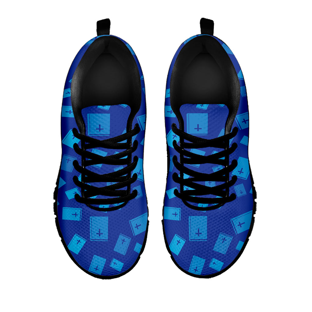 Blue Holy Bible Pattern Print Black Sneakers