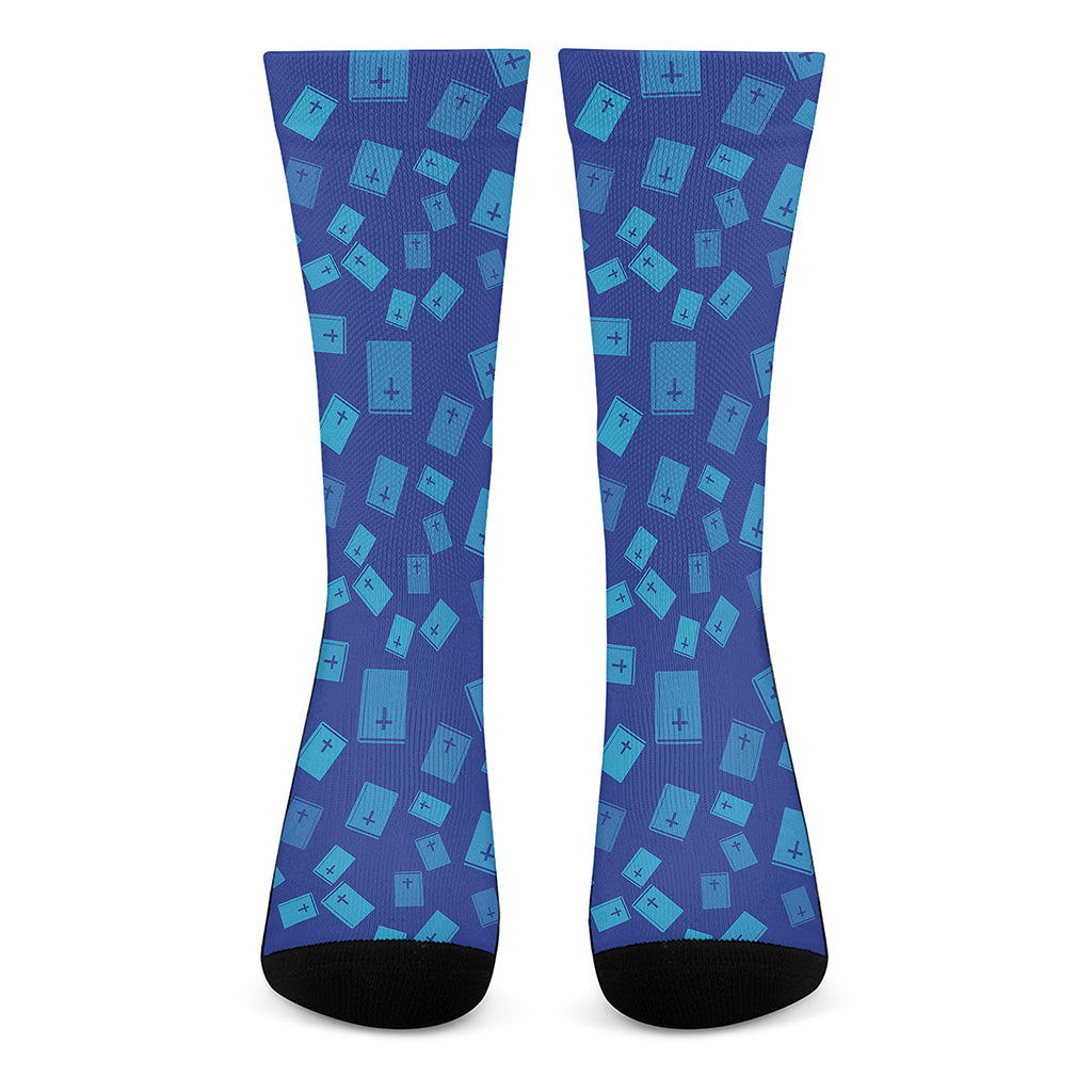 Blue Holy Bible Pattern Print Crew Socks