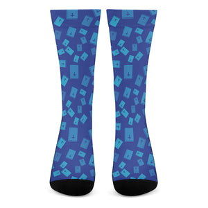 Blue Holy Bible Pattern Print Crew Socks