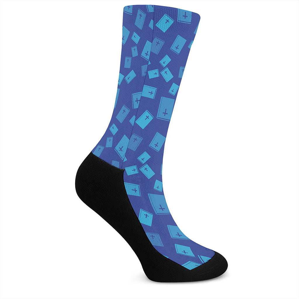 Blue Holy Bible Pattern Print Crew Socks