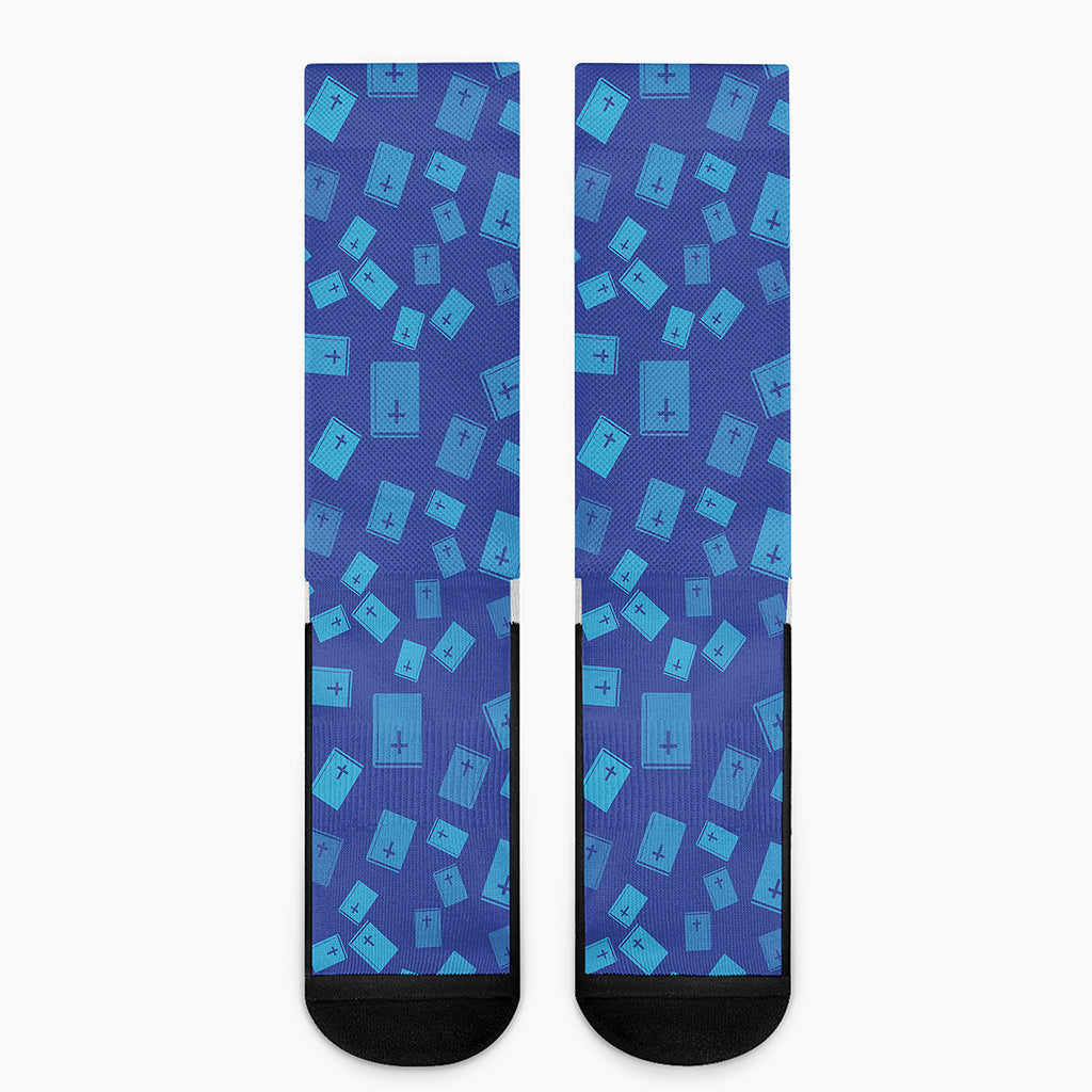 Blue Holy Bible Pattern Print Crew Socks