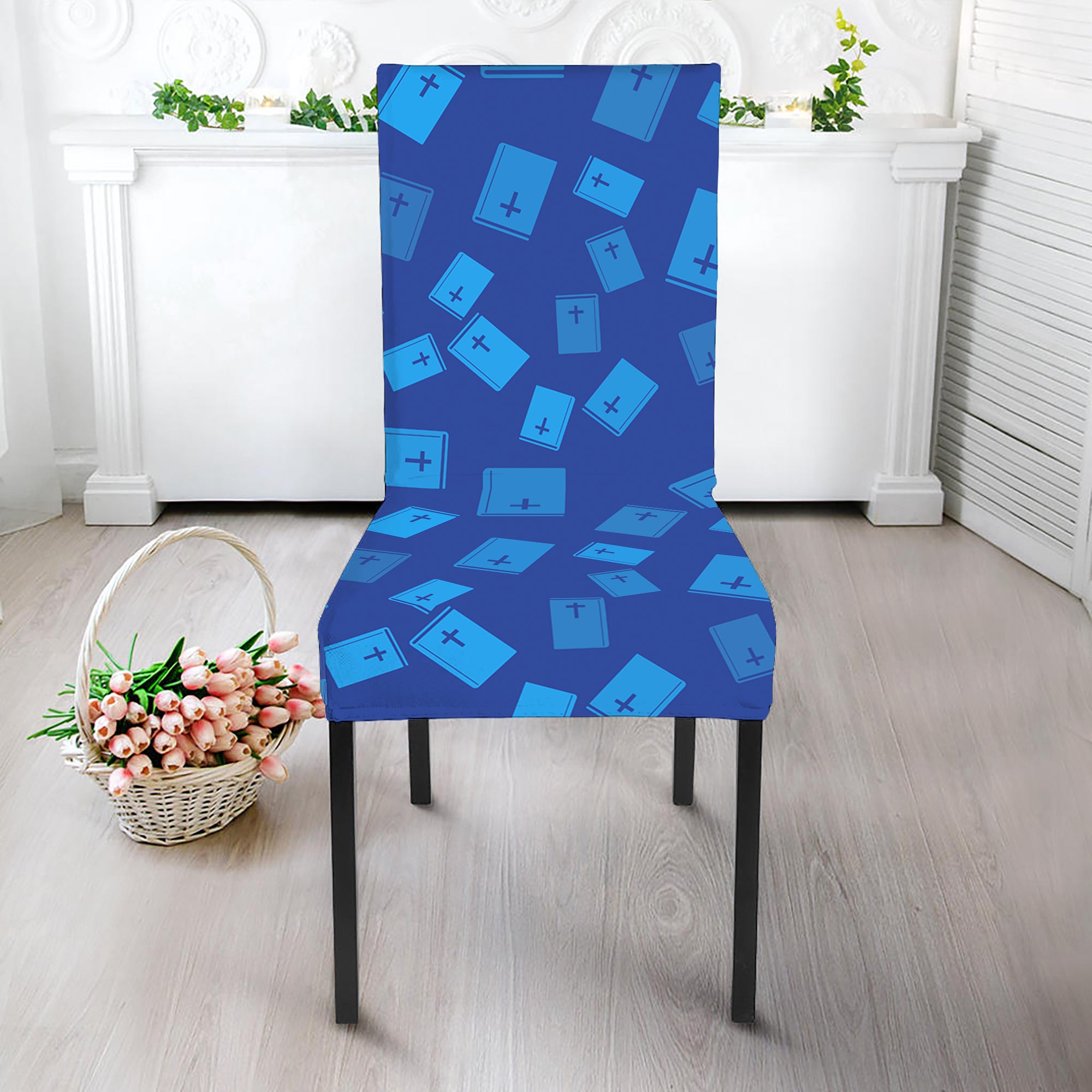 Blue Holy Bible Pattern Print Dining Chair Slipcover