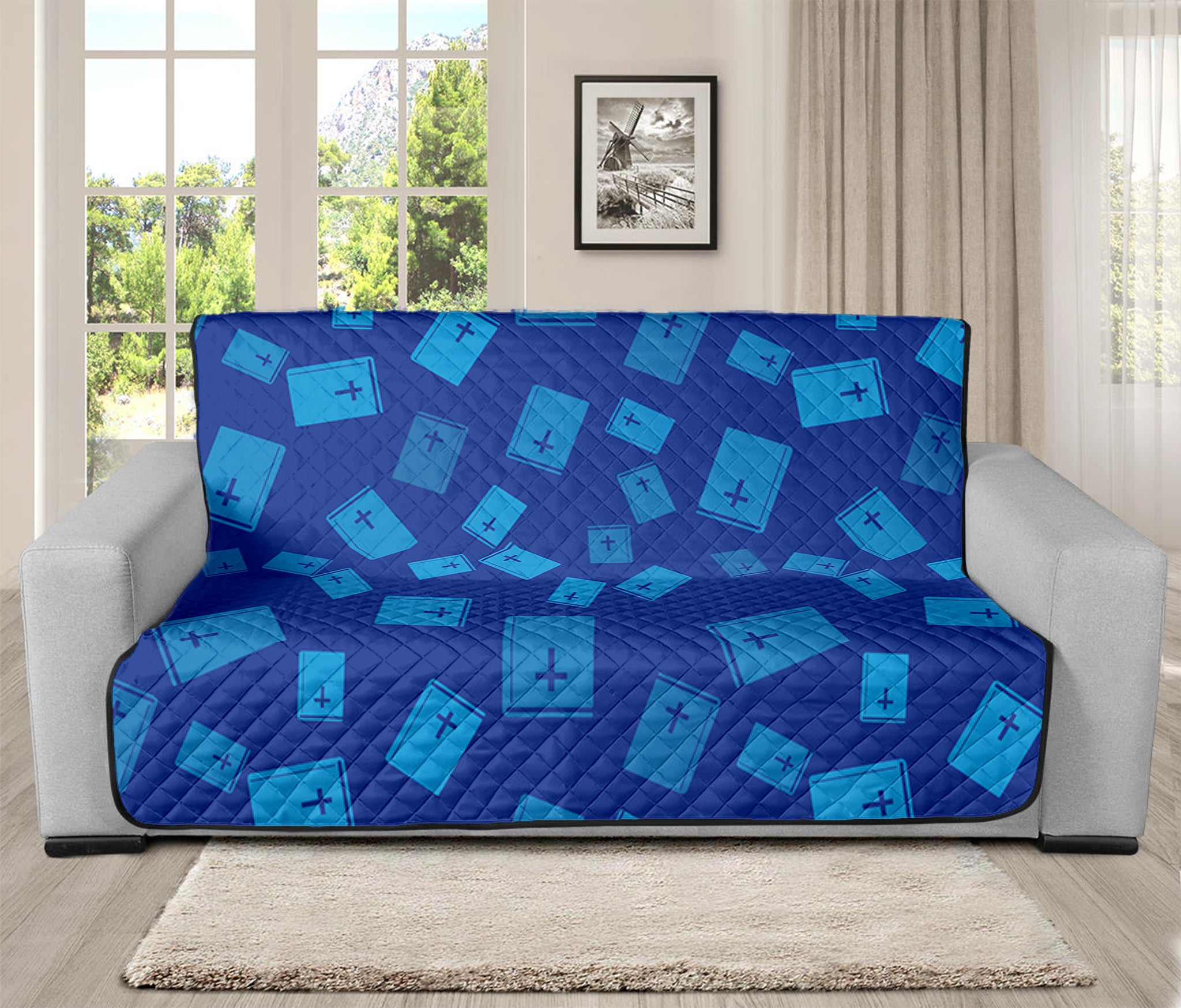 Blue Holy Bible Pattern Print Futon Protector