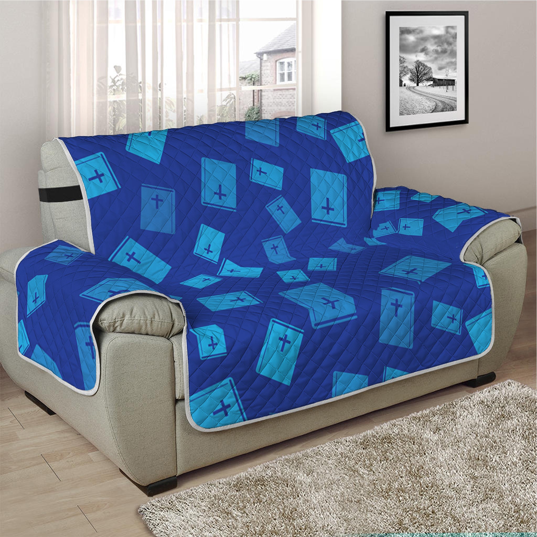 Blue Holy Bible Pattern Print Half Sofa Protector