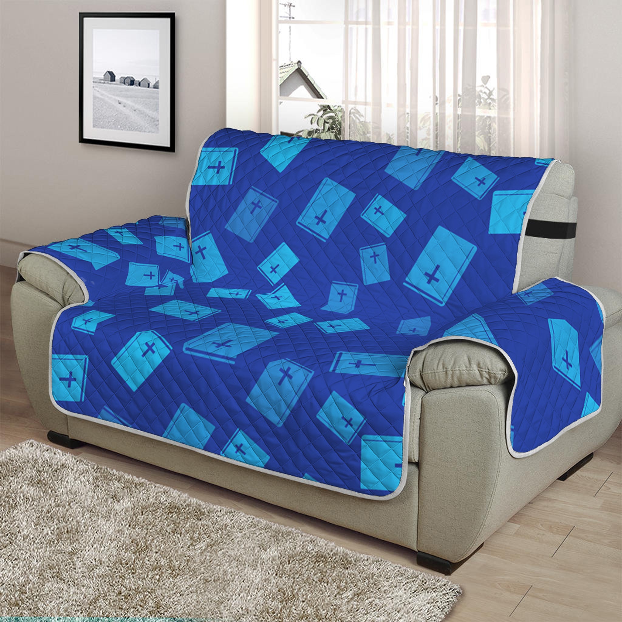 Blue Holy Bible Pattern Print Half Sofa Protector