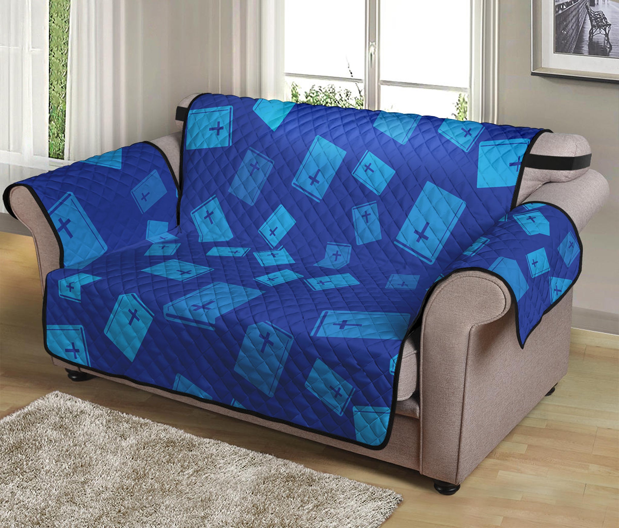 Blue Holy Bible Pattern Print Loveseat Protector