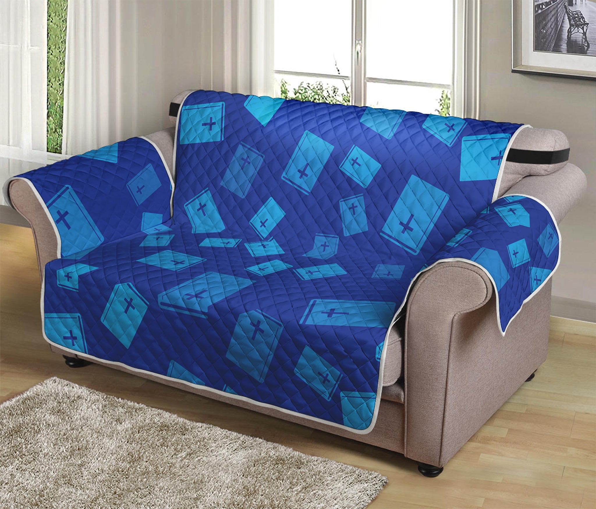 Blue Holy Bible Pattern Print Loveseat Protector