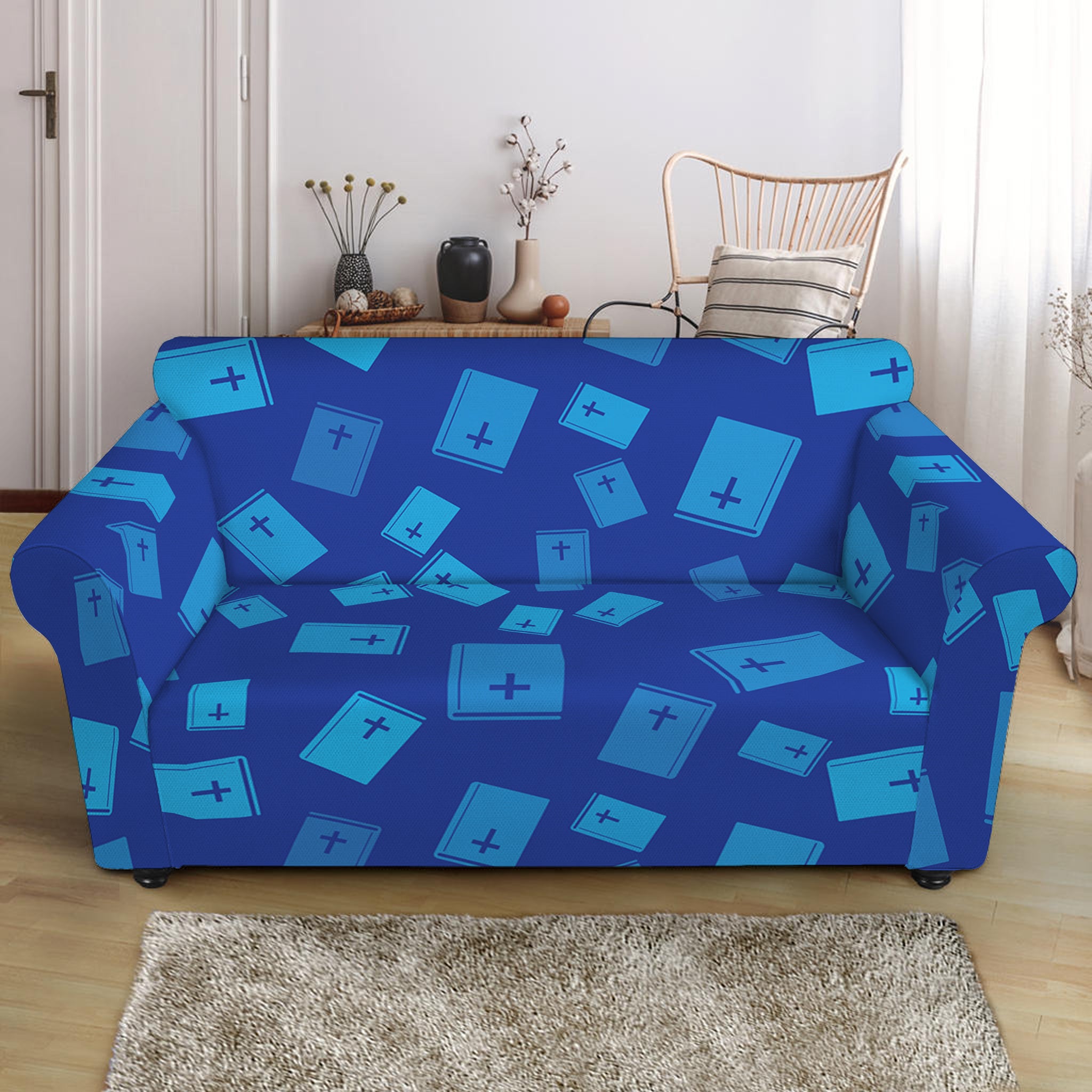 Blue Holy Bible Pattern Print Loveseat Slipcover