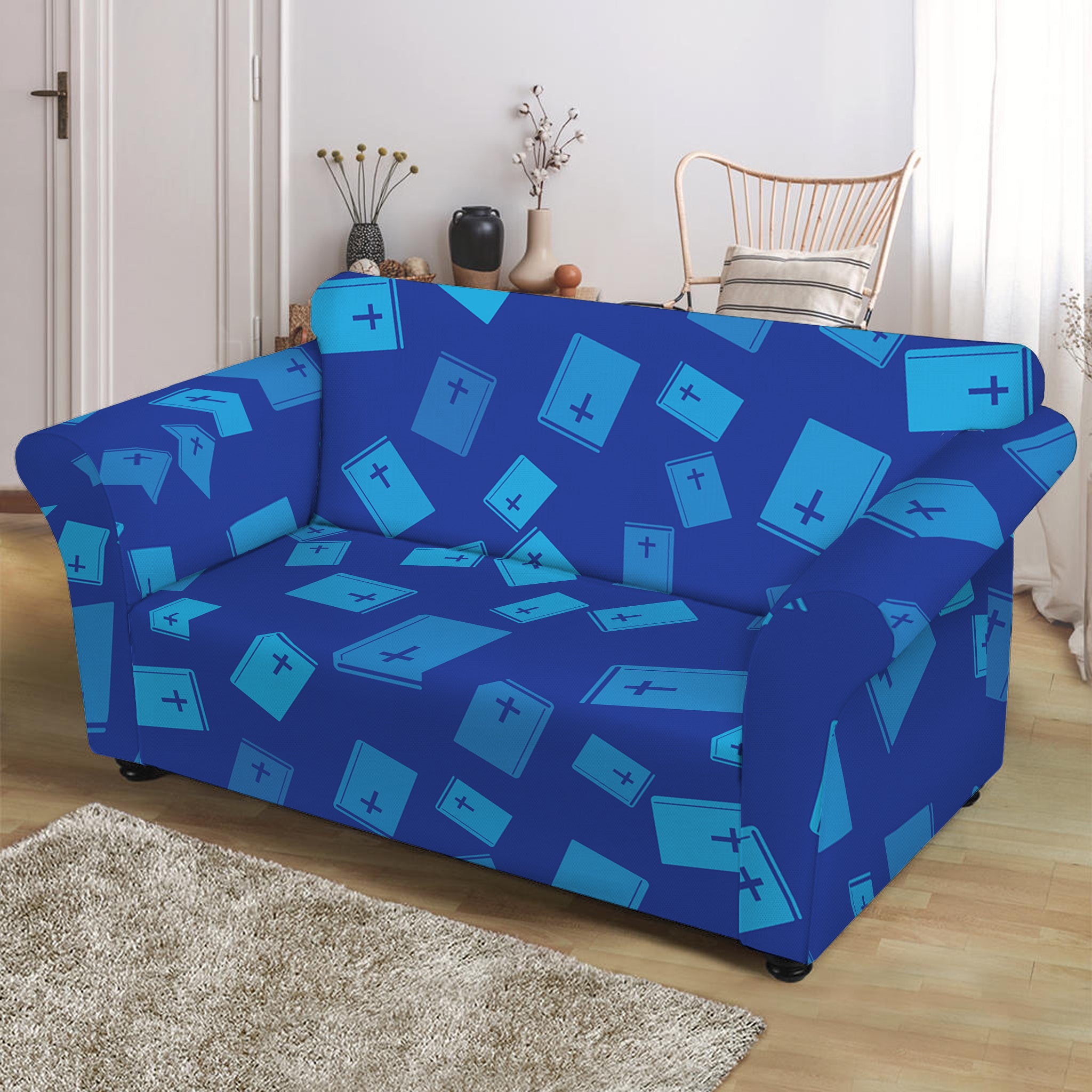 Blue Holy Bible Pattern Print Loveseat Slipcover