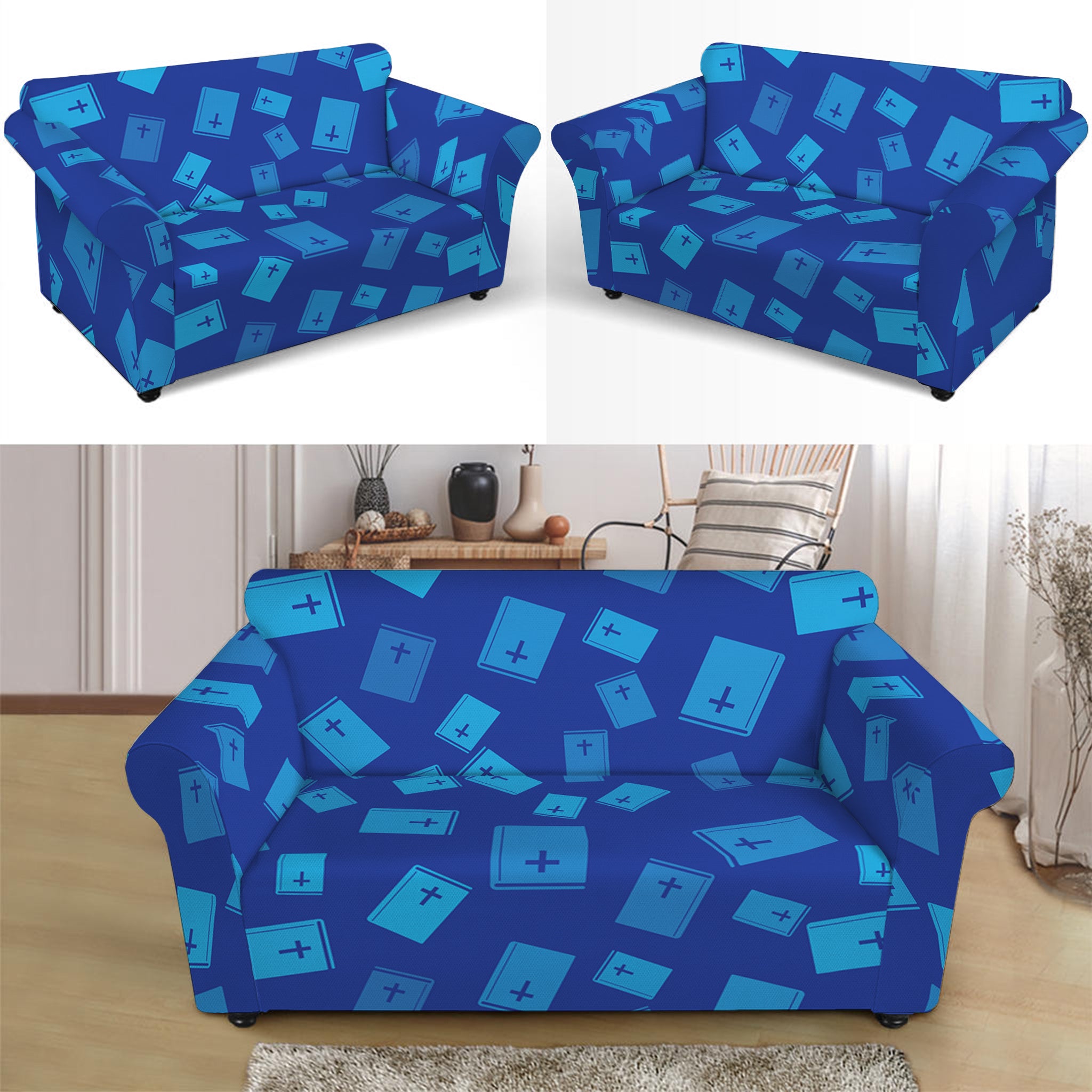 Blue Holy Bible Pattern Print Loveseat Slipcover