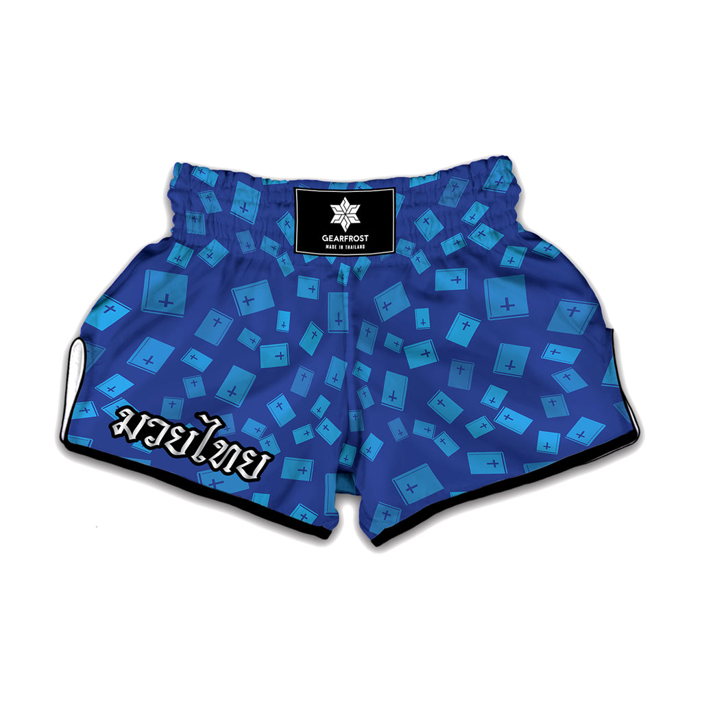 Blue Holy Bible Pattern Print Muay Thai Boxing Shorts