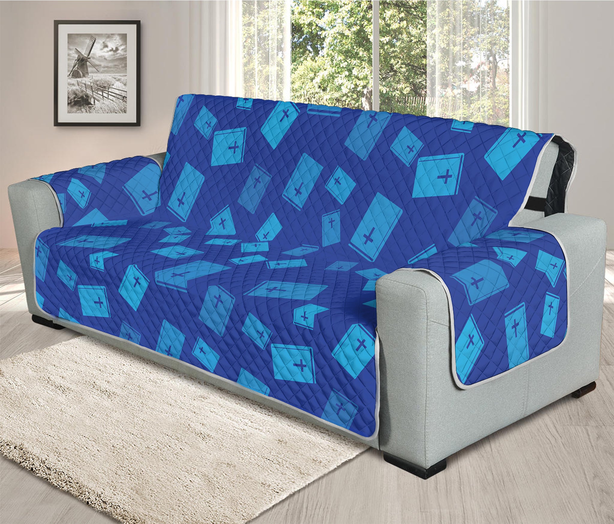 Blue Holy Bible Pattern Print Oversized Sofa Protector