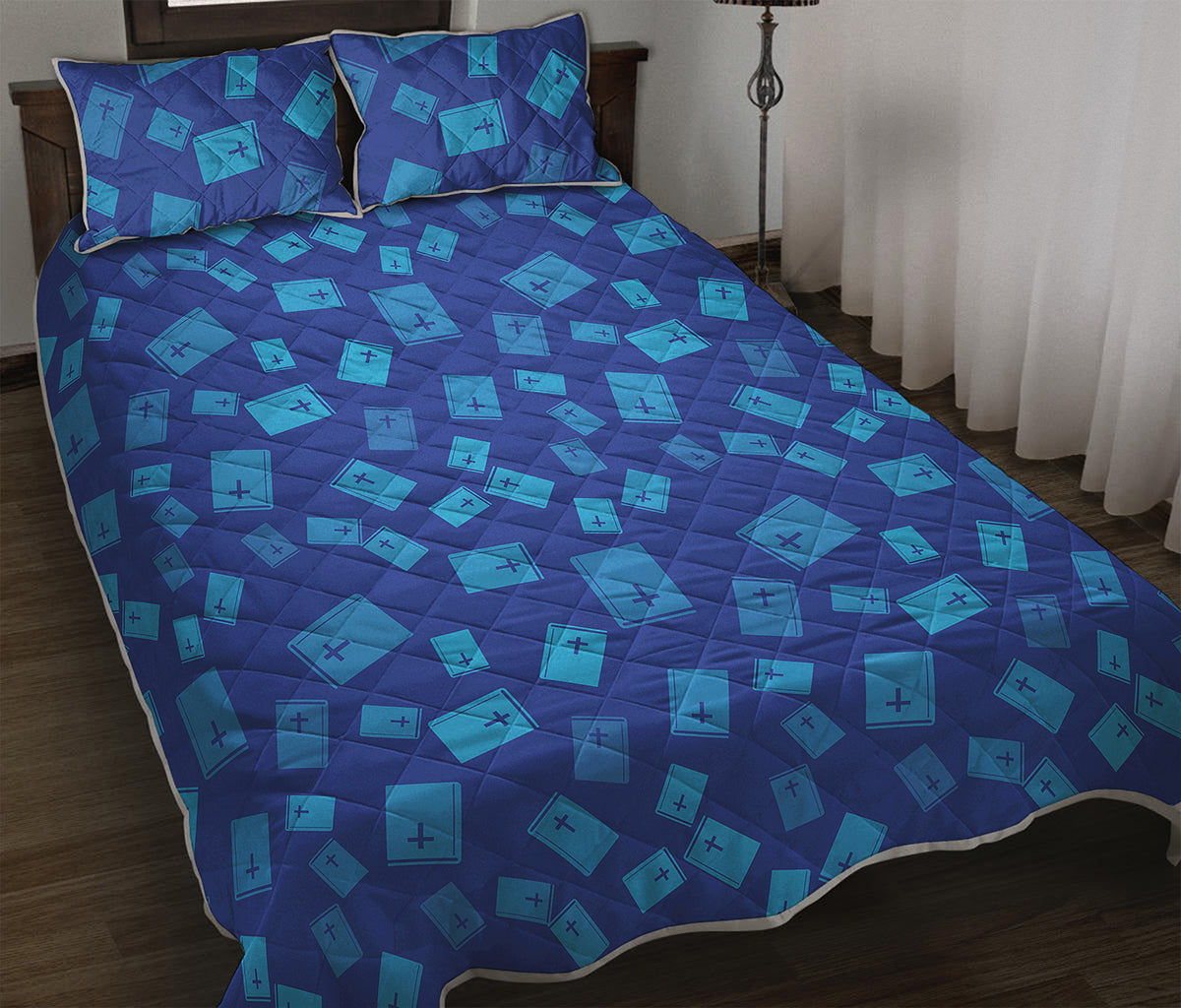 Blue Holy Bible Pattern Print Quilt Bed Set