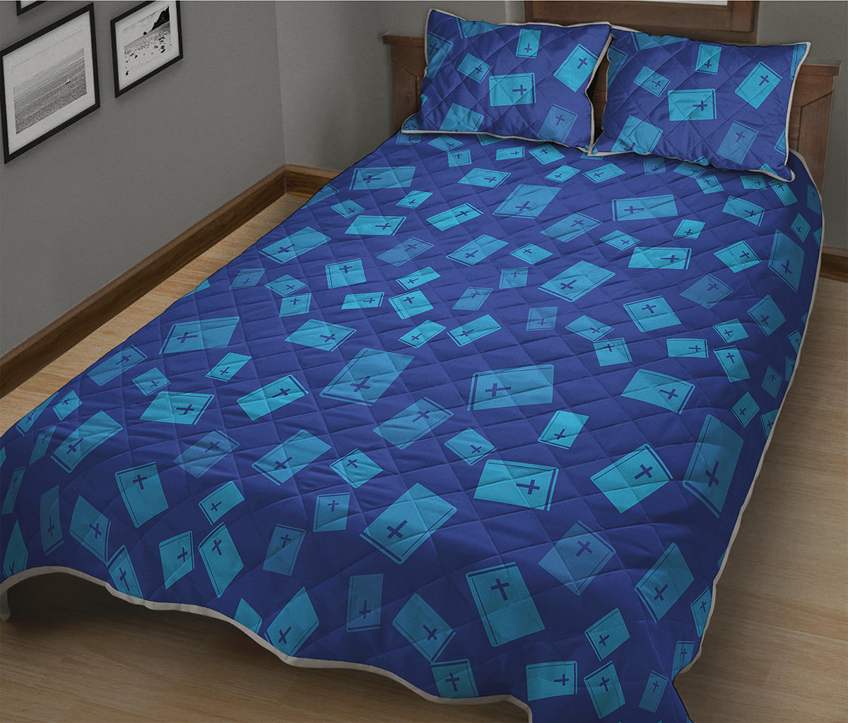 Blue Holy Bible Pattern Print Quilt Bed Set