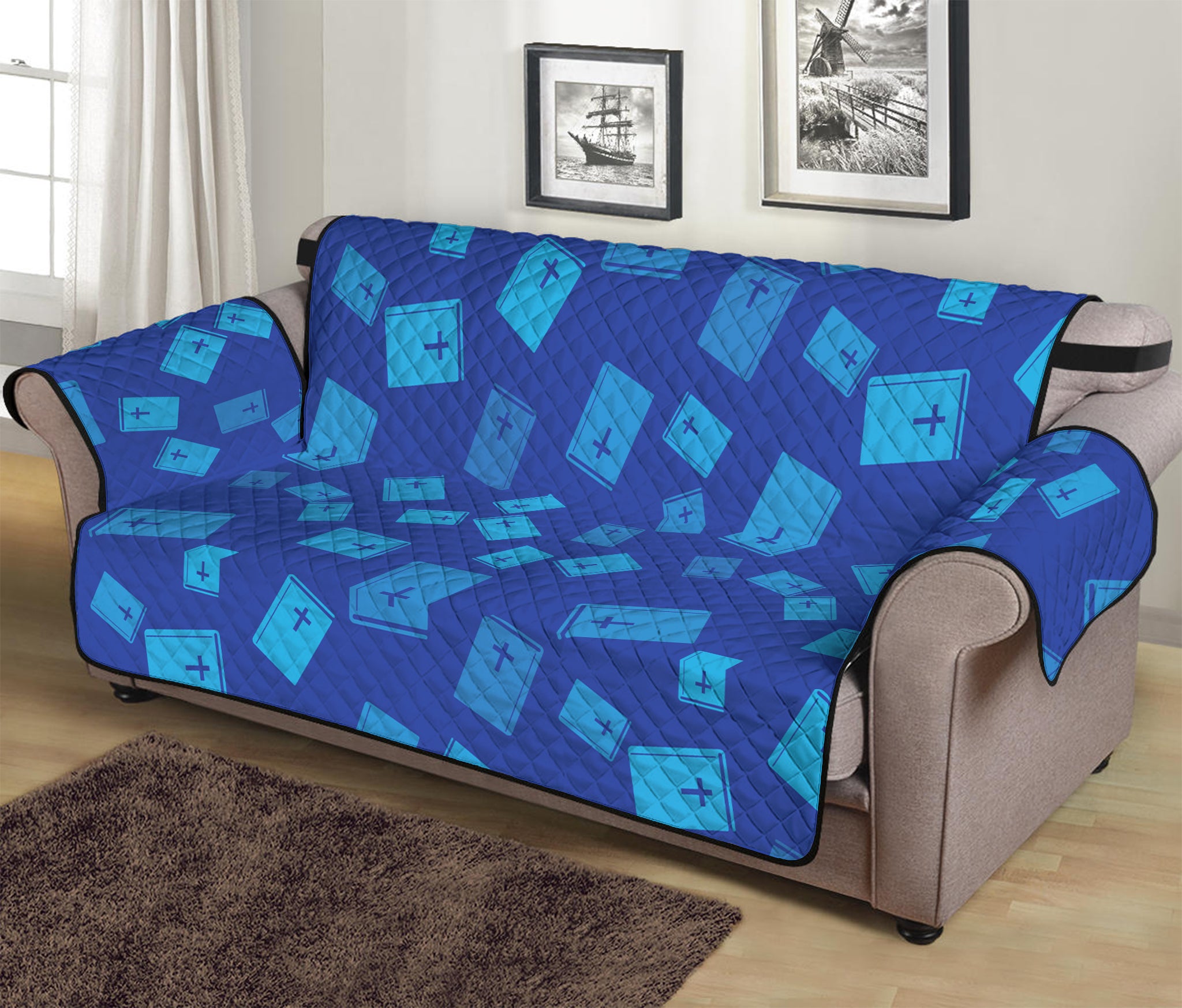 Blue Holy Bible Pattern Print Sofa Protector