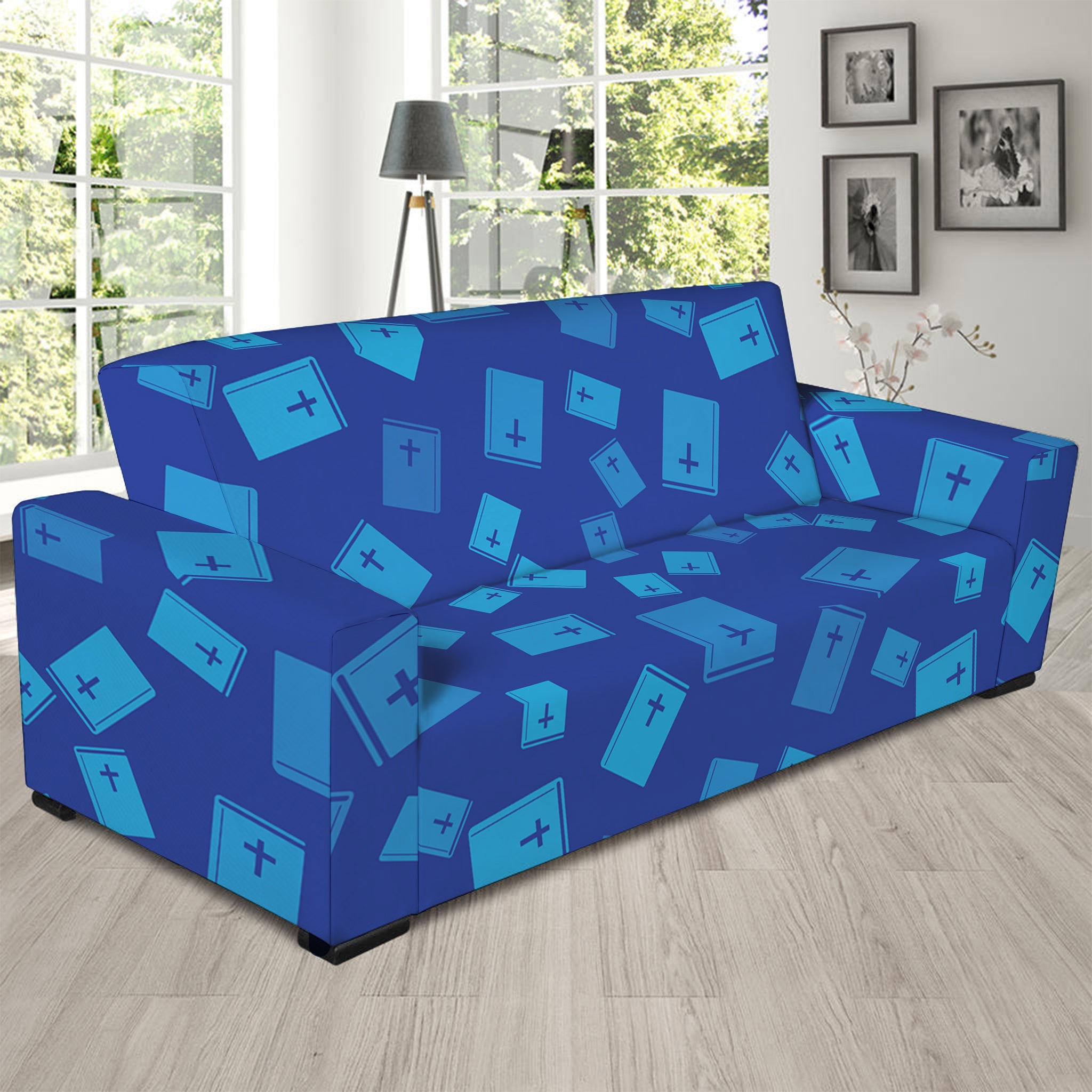 Blue Holy Bible Pattern Print Sofa Slipcover